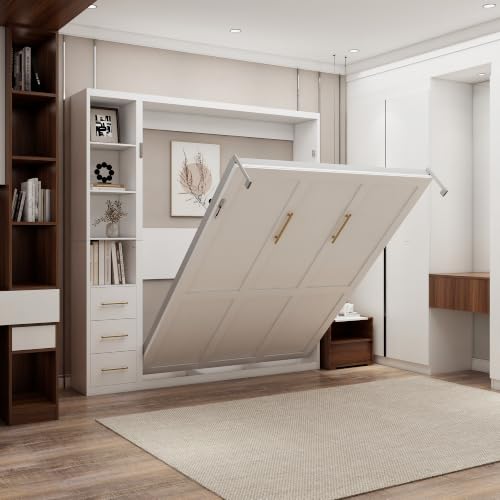 Image of KEIKI Queen Size Vertical Cabinet Murphy Bed with 1 Side Cabinet, Multifunctional Foldable Hideaway Wall Metal Bed Frame with Slats, No Box Spring Needed, Easy Assembly, for Bedroom, Guest room, White