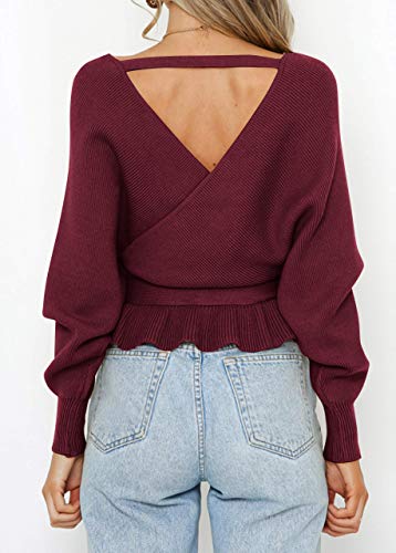 Image of ZESICA Women's Fall 2026 Wrap V Neck Long Batwing Sleeve Belted Waist Ruffle Knitted Sweater Pullover Top