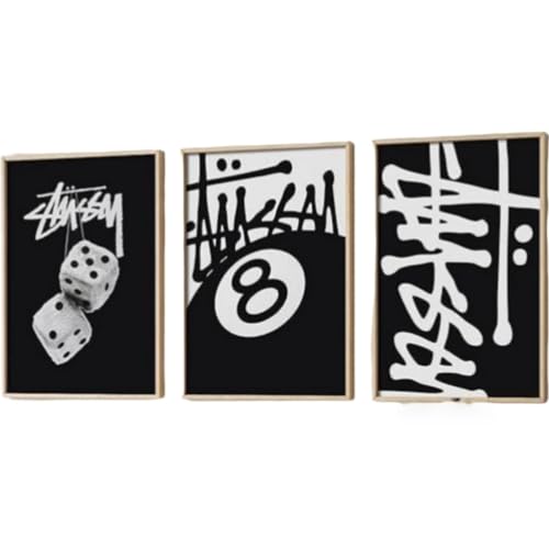 AMOSIJOY Lot de 3 décorations murales graffiti street noir blanc - Décoration murale - Dés boule de billard 8 - Peinture décorative pour la maison, salon, chambre ado, Sans Cadre (Noir,30x40cm) – vue 4