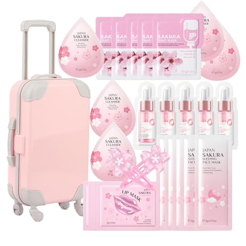 Skin Care Set For Teenagers Girls with Cute Mini Luggage Sakura Skin Care Sets & Kits Pamper Sets For Girls Gifts Skincare Set Serum Cleanser Sleep Mud Mask Lip Mask Hair Pins (Cherry Blossoms-28PCS)