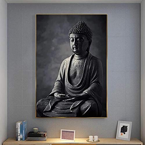 PYROJEWEL Schwarz-weiß Buddha Statue Wandkunst Leinwanddrucke Leinwandkunst Gemälde an der Wand Buddhismus Bilder für Wohnkultur 70x100cm Rahmenlos Cover