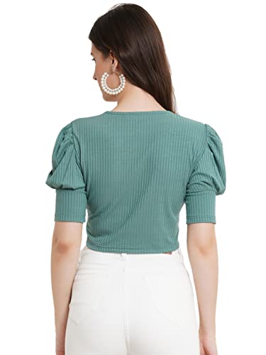 Image of POPWINGS Solid Ribbed Slim Fit Crop Tops for Women | Polycotton Stylish Western 3 /4 Puff Sleeves Casual and Summer Crop Tops for Women