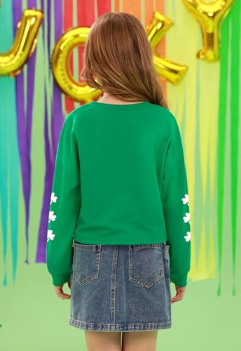 Image of Tween Girl St. Patrick's Irish Lucky Four Leaf Clover Crop Top Green White Long Sleeve Shirt 12 Years
