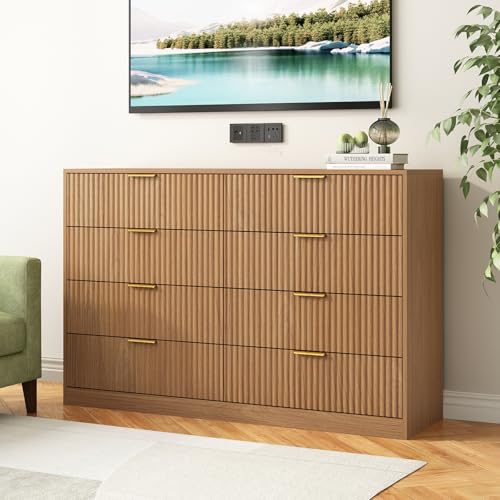 8 Drawer Dresser for Bedroom, Modern Fluted Double Dresser, 55" Wide Chest of Dressers, Mid Century Wooden Beside Table for Closet, Living Room and Entryway, Natural - Image 5