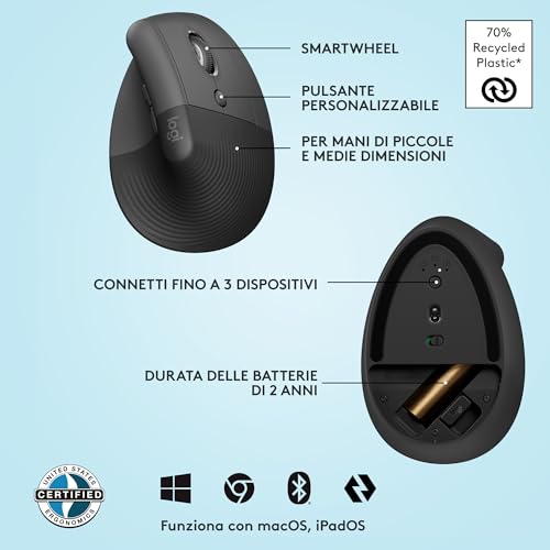 Lift Mouse Ergonomico Verticale, Senza Fili, Ricevitore Bluetooth o Logi Bolt USB, Clic Silenziosi, 4 Tasti, Compatibile con Windows / macOS / iPadOS, Laptop, PC - Grafite - Mouse gaming - Immagine 6