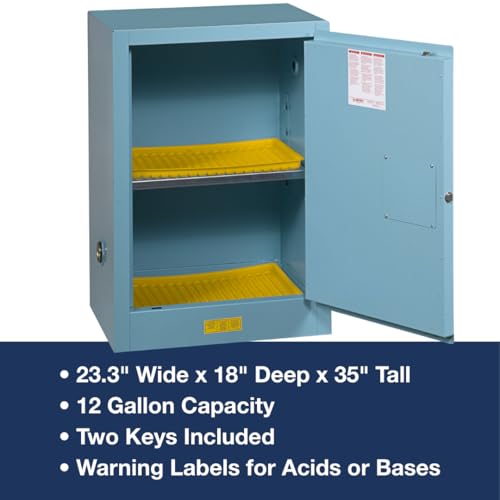 Image of Justrite Acid Corrosive Storage Cabinet - 12 Gallon 1 Door Manual Close Chemical Storage Cabinet with Removable Polyethelene Trays - 18 inch x 35 inch x 23 inch - Made in The USA - Light Blue - 891202