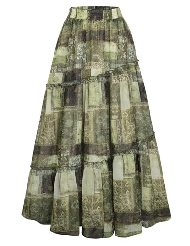 Scarlet Darkness Boho Maxi Skirt for Women Tiered Flowy Long Skirts with Pockets 2026 Summer Spring Vacation Outfits Green Patchwork Floral S