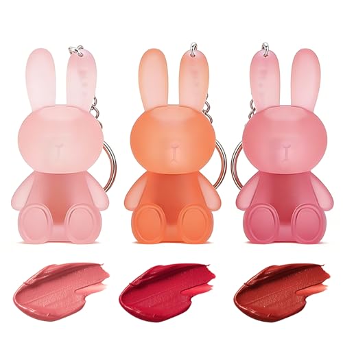 Probuk 3 Farben Bunny Matte Lipstick Set, 2 in 1 Kaninchen Lipgloss mit Schlüsselanhänger, Samtige Lip Glaze, Wasserfest Langanhaltend Non-Stick Cup, Make-up Ostergeschenke für Frauen und Mädchen