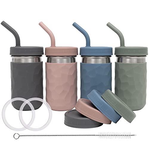Image of WeeSprout 2-in-1 Drinking Cups for Kids, Durable Stainless Steel Tumbler for Smoothies, Silicone Straws with Stoppers, Premium Plastic Twist Lids, Easy-Grip Sleeves, Set of 4 Dishwasher Safe Kid Cups