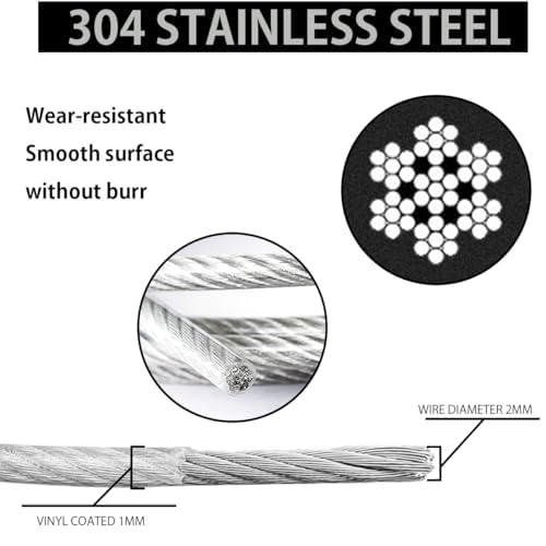 Cable de Acero Inoxidable 304, Cuerda de Alambre Estructura 7×7, 100 m, Incluye 100 Manguitos de Aluminio, Adecuado para Suspender Guirnaldas de Luces Exteriores y Uso en Jardines.