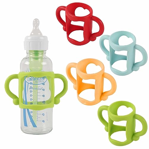 Image of TonGass (4-Pack) Bottle Handles for Dr Brown Narrow Baby Bottles with Easy Grip Handles to Hold Their Own Bottle - BPA-Free Soft Silicone - Red Orange Blue and Green