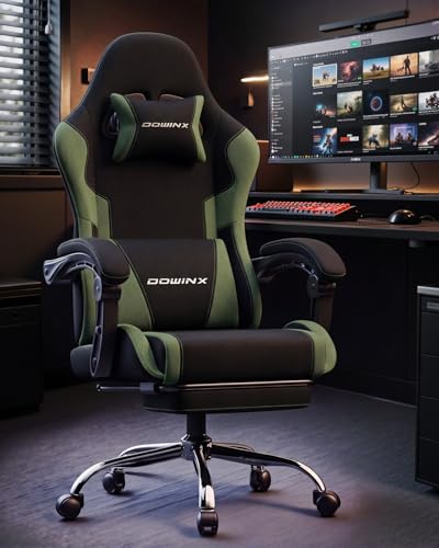 Image of Dowinx Ergonomic Gaming Chair with Footrest & Massage Lumbar, 2D-Linkage Armrests for Computer Chair 330lbs with Headrest Pillow for Office, Home, Streaming and Long Gaming Sessions, Fabric Dark Green