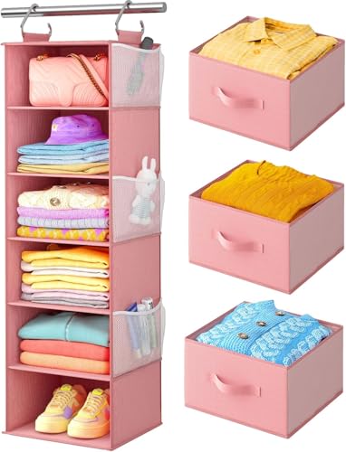 Image of Pipishell Hanging Closet Organizer 6-Shelf, Hanging Shelves for Closet with 3 Removable Drawers & Side Pockets for Bedroom, Garment Rack and Wardrobe Organization, 12' x 12' x 43.3', Pink