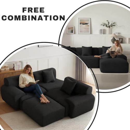 Image of 107 inch Cloud Modular Sectional Couch,Boneless Sofa with Ottman,L-Shape Upholstered Sofas with Deep Seat,Modern Cozy Corduroy Couches with Memory Foam,No Assembly Required (Black)