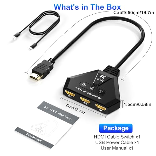 HDMI Switch 3 in 1 Out, 4K@60Hz HDMI Switcher with Gold Plated Ports, Plug & Play, Supports Full HD 1080P 3D Compatible with Roku TV Stick HDTV PS4/PS5 Xbox, Ideal for Gaming, Home Theater, Streaming by AUKOKIOULA - Used condition - Image 7