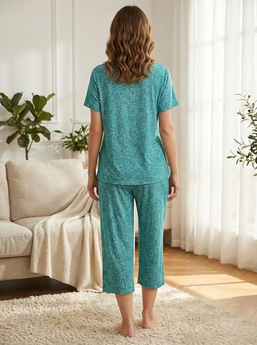 Image of CHUNG Women Cotton Pajama Sets Sleepwear pjs Short Sleeve Shirt Capri Length Crop Pants Cute Vivid Print