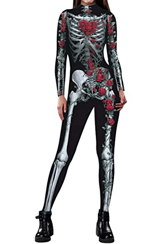 Evioset Womens Halloween Skeleton Costume Skull Bodysuit Rose Skeleton L-XL