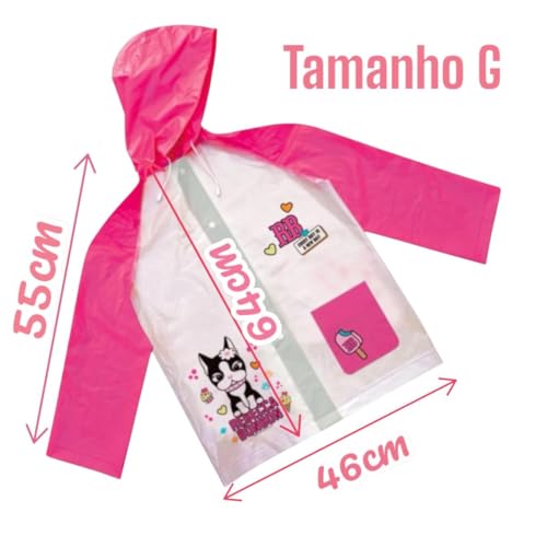 Capa de Chuva Infantil, Rosa e Branco, com Capuz e Bolso Frontal, Estampa Rebecca Bonbon (BR, Alfa,