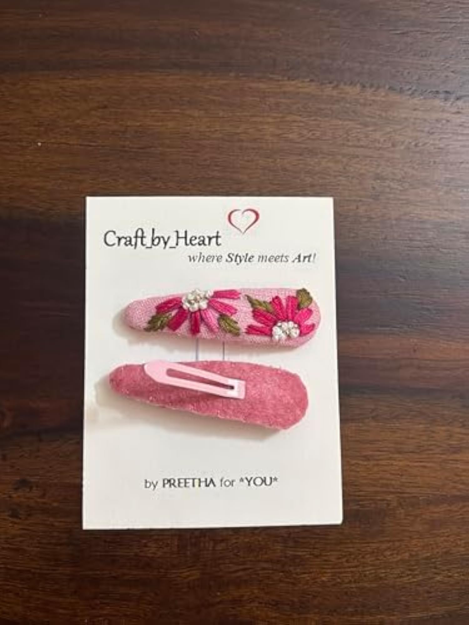 Pink Floral Hand Embroidered Hair Bow & Tic Tac Clip Set