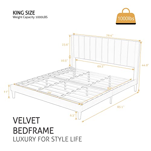 image for SHA CERLIN King Bed Frame/Velvet Upholstered Platform Bed Frame with H