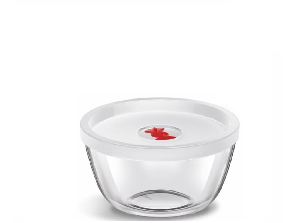 Nobel Borosil Glass Mixing Bowl with a White Plastic lid, Clear and Round in Shape, is Microwave and Dishwasher Safe, Featuring an airtight Design with a (350ml with Lid)