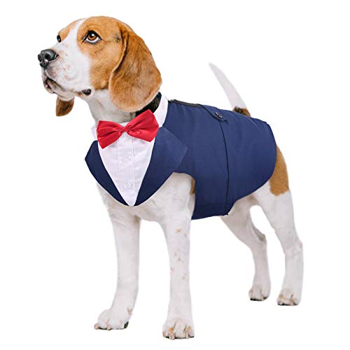 PUMYPOREITY Ropa para Perros Pajarita Esmoquin Traje Smoking Perro Mascota Boda Formal Traje Elegante con Bandana Retirable Camisa de Esmoquin Formal para Perros Pequeños Medianos Grandes(Azul,L)