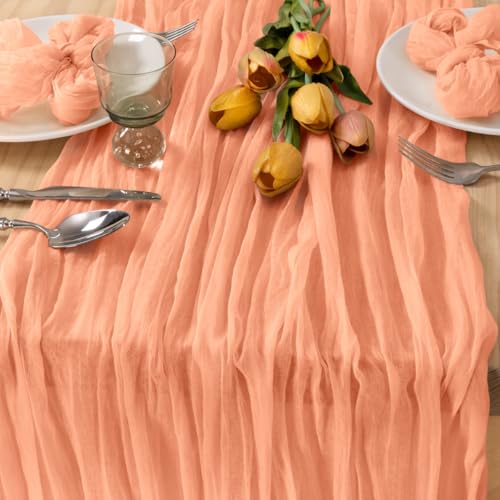 Image of MLMC 3 Pack Peach Cheesecloth Table Runner 10ft Summer Rustic Gauze Cheese Cloth Table Runner 35x120 Inches for Wedding Bridal Baby Shower Party Decor