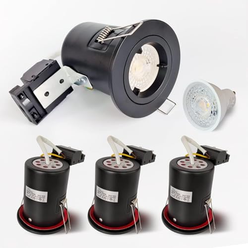 Image of 4XSweier 90 Minute Fire Rated LED Recessed IP20 Downlight, IP20 Black Ceiling Spotlight 5W Cool White 6000K, Spotlight with GU10 Junction Box (Non-Dimmable)