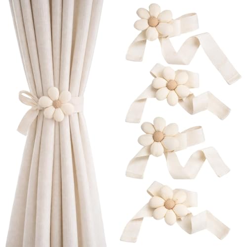 JcvPot Vorhang Raffhalter, 4 Stück Blumen Vorhangbänder in Beige, Dekorative Gardinenhalter für Kinderzimmer, Wohnzimmer und Schlafzimmer, Einfache und Sichere Anwendung