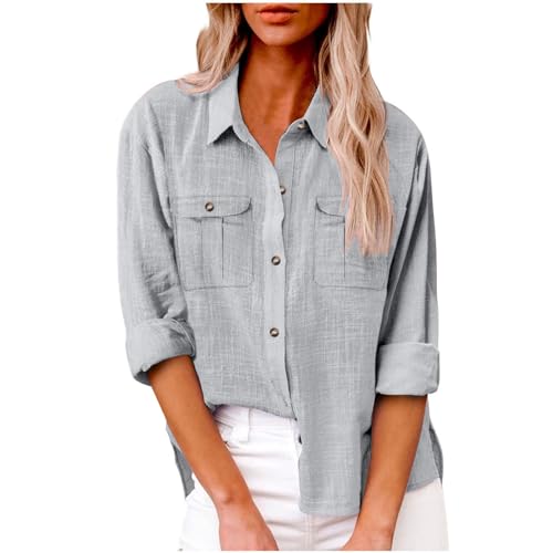 Bluse Leinen Damen Langarm Button Down Hemd 2024 Lässig Unifarben...
