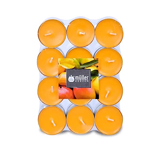 Müller Scented Tealight Candles, Scent: Exotic Fruits, Pack of 24 Colored Tea Lights, 4 Hours Long Burning Small Candles