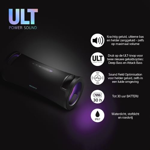 Sony ULT FIELD 7 - Draadloze Bluetooth speaker met ULT POWER SOUND, Ultieme diepe bas, X gebalanceerde luidspreker, 30 HR batterij, IP67, waterdicht, LED-verlichting, microfoon, gitaaringang - Zwart - Afbeelding 3