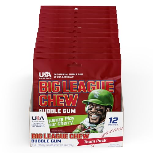 Image of New! Big League Chew Sour Cherry Bubble Gum - Ideal for Baseball Games, Teams, Concessions, Parties, and More | Pack of 12 Bags (2.12oz Each)