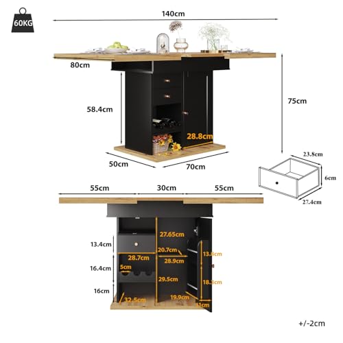 Table a manger extensible noire avec rangement centrale table rectangulaire moderne 110-140cm - 3