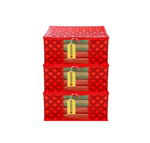 E-COSMOS Flower Design Piece Non Woven Fabric Saree Cover Set with Transparent Window, Extra Large (Red) (Pack Of 3)
