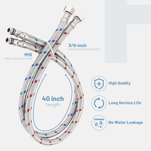 BWE 40-Inch Long Faucet Connector Braided Stainless Steel Supply Hose 3/8-Inch Female Compression Thread x M10 Male Connector, x 2 Pcs (1 Pair) - Thumbnail 2