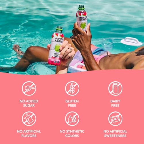 Harmless Harvest Organic Coconut Water Drink, Hydration with Natural Electrolytes, No Sugar Added, Fair for Life Certified, Pure Coconut Water, Watermelon 12 Fl Oz (Pack of 12)