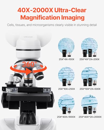 Image of VEVOR Compound Binocular Microscope, 40-2000X Magnification, Professional Compound Microscope for Adult with Phone Adapter, LED Light, Aluminum Alloy Body, for Lab, School, Home, Education