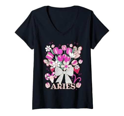 Mujer Aries Zodiac Mujeres Fresa Coqueta Arco Floral Ram Aries Camiseta Cuello V