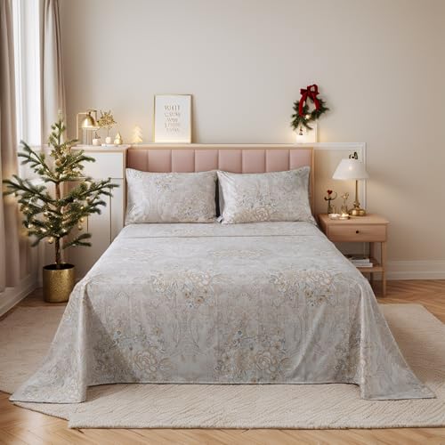 GIGBEI Paisley printed sheets, percale cotton, luxury grey, deep pocket, super soft, breathable, 4pcs, cal king bedding, adjustable, lightweight, durable, portable, user-friendly, set