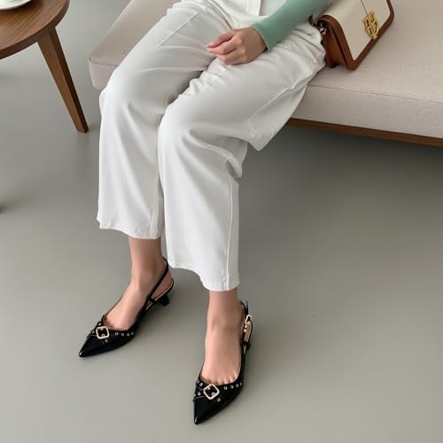 Women’s Pointed Toe Slingback Pumps – Fashionable Buckle & Studded Design Mid Heel Dress Shoes for Party Wedding Work4