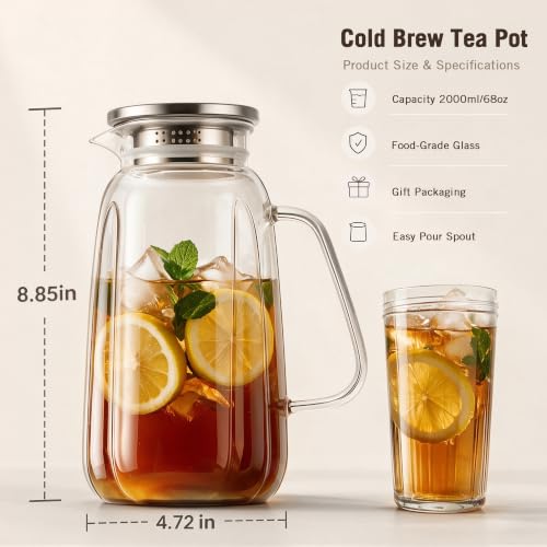 2 Pack Glass Pitcher with Lid and Handle for Fridge, Iced Tea and Coffee Carafe Beverage Serveware, 2 Liters/68 oz Heat Resistant Borosilicate Water Jug for Hot/Cold Drinks by Simple Supplies - Used condition - Image 2