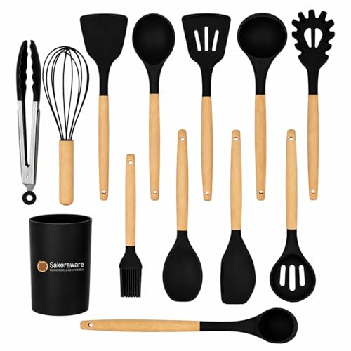 Image of Sakoraware Silicone Kitchen Utensils Spoon Spatula Cooking 12 Pcs Set | Baking Set | Non-Stick with Wooden Handle- BPA Free, Heat Resistant Item Flexible Non Toxic Silicon Cookware Tools with Holder