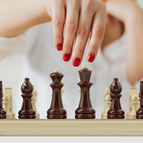 38cm Holz Klapp-Schach- und Dame-Set - 2-in-1 Brettspiel mit 7,6cm König Staunton Figuren und 2 zusätzlichen Damen