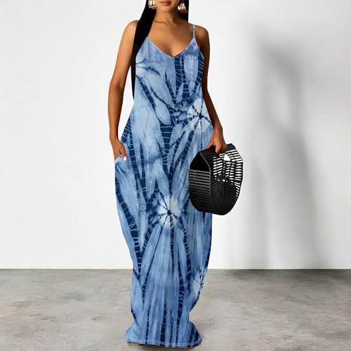 Image of Women's Summer Maxi Dress Spaghetti Strap Floral Boho Beach Long Sundress with Pockets