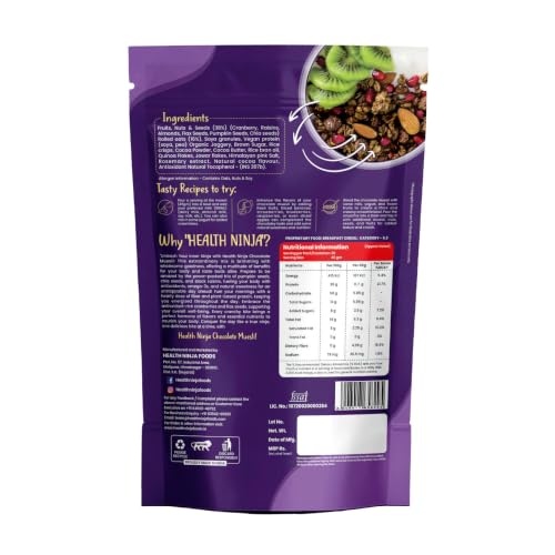 Image of Health Ninja Dark Chocolate Muesli, 900 gms | High Protein Breakfast Cereal | Oats, Almonds, Chia, Flax & Pumpkin Seeds