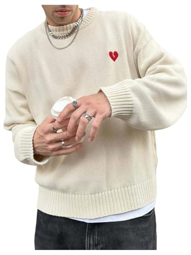 Men's Heart Embroidered Sweater Y2k Crew Neck Long Sleeve Lightweight Sweater Pullovers Loose Knit Top