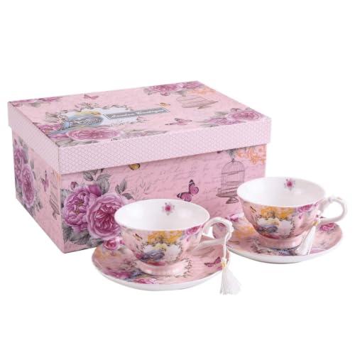 Image of GarveeHome European Boutique Bone China Tea Cup and Saucer Set of 2, Pink