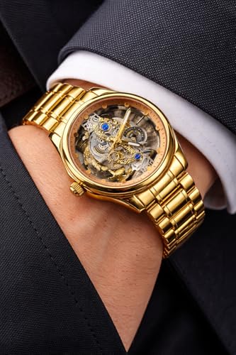 Image of Gold Skeleton Dial Watch, Automatic Mechanical, Stainless Steel Bracelet, Men's Luxury Timepiece