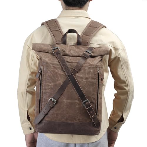 Waxed Canvas Roll-top Backpack for Men,X-Shaped Belt Vintage Rucksack, Large Daypack Casual Hiking Travel Backpack (Black)2